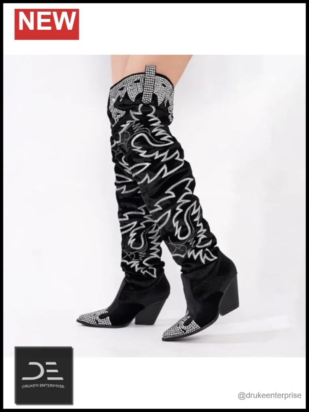 Rhinestone Embroidered Wide Calf Thigh High Slouchy Over The Knee Boots with